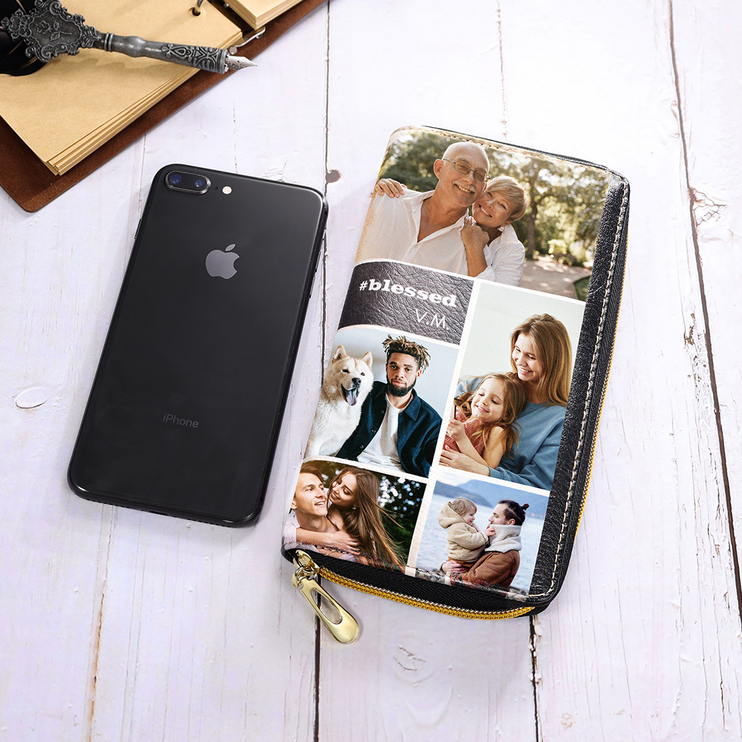 Custom Purse-Long Purse Personalised Leather Wallet Engraved 10 Photos Zip Wallet Gifts For Women Men