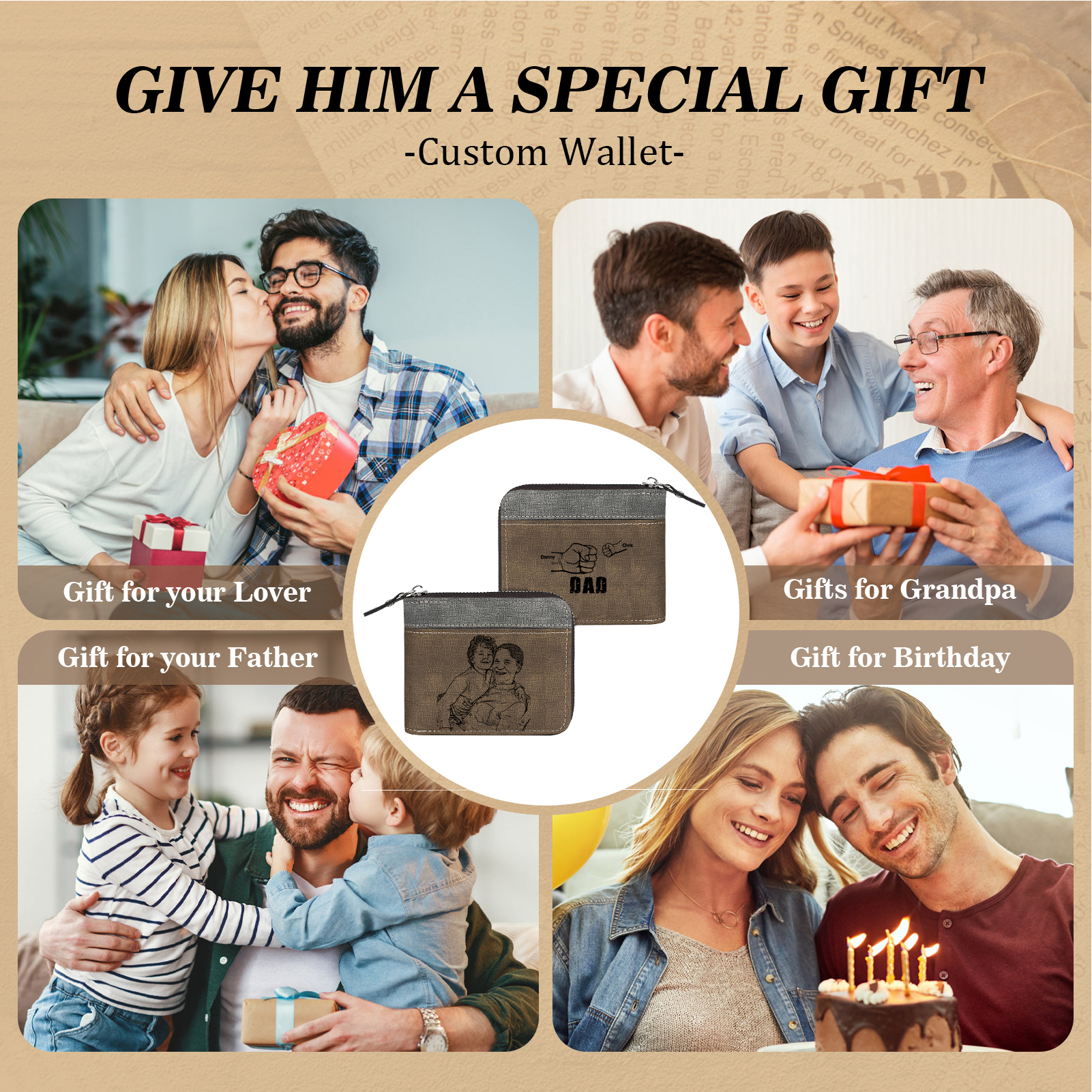 2 Names - Personalised Fist Bump Photo Custom Leather Men's Zipper Wallet as a Father's Day Gift for Dad