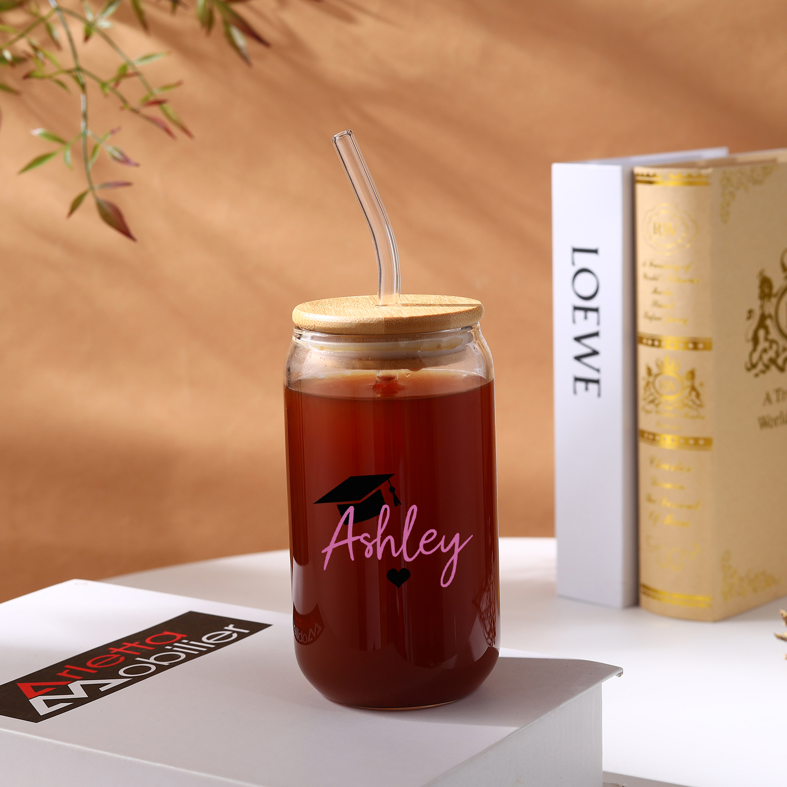 2024 Graduation Gift - Personalised Custom Text, year and Name Glass with Glass Straw