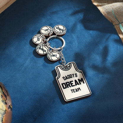 Personalised Text and 5 Names Wooden Basketball Keyring For Dad