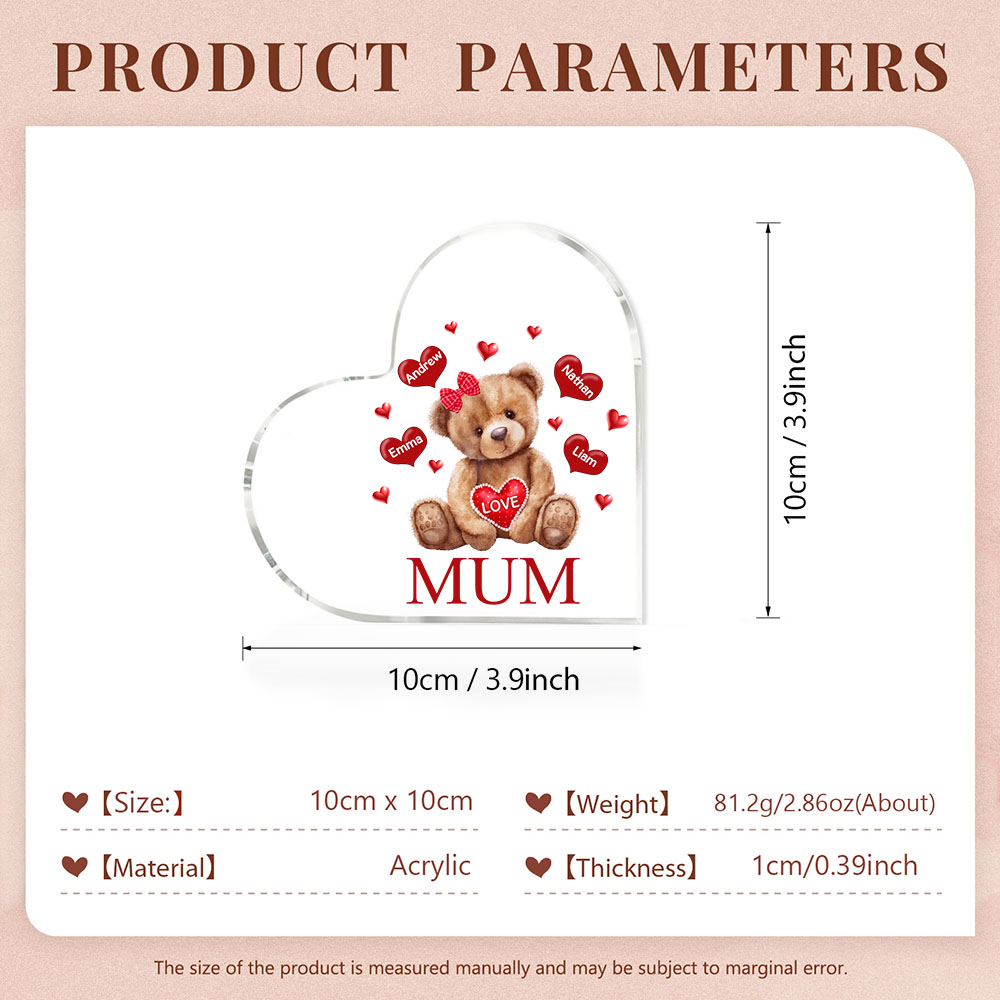 4 Names-Personalised Mum Acrylic Heart Keepsake Custom Text Love Teddy Bear Ornaments Gifts Set With Gift Box for Grandma/Mother