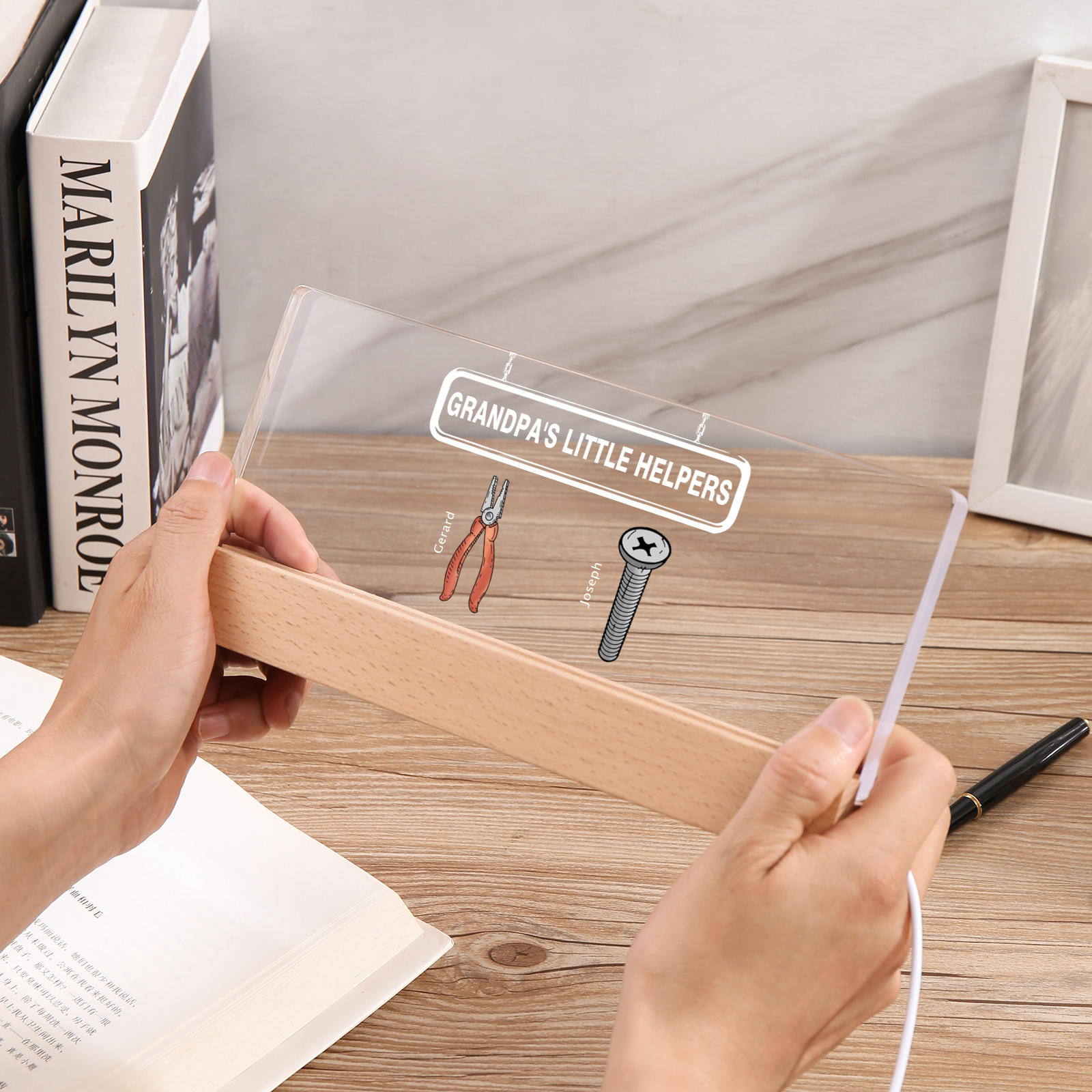 2 Names - Personalised Repair Tool Pattern Table Lamp Customized Text Father's Day Gift for Grandad/Dad