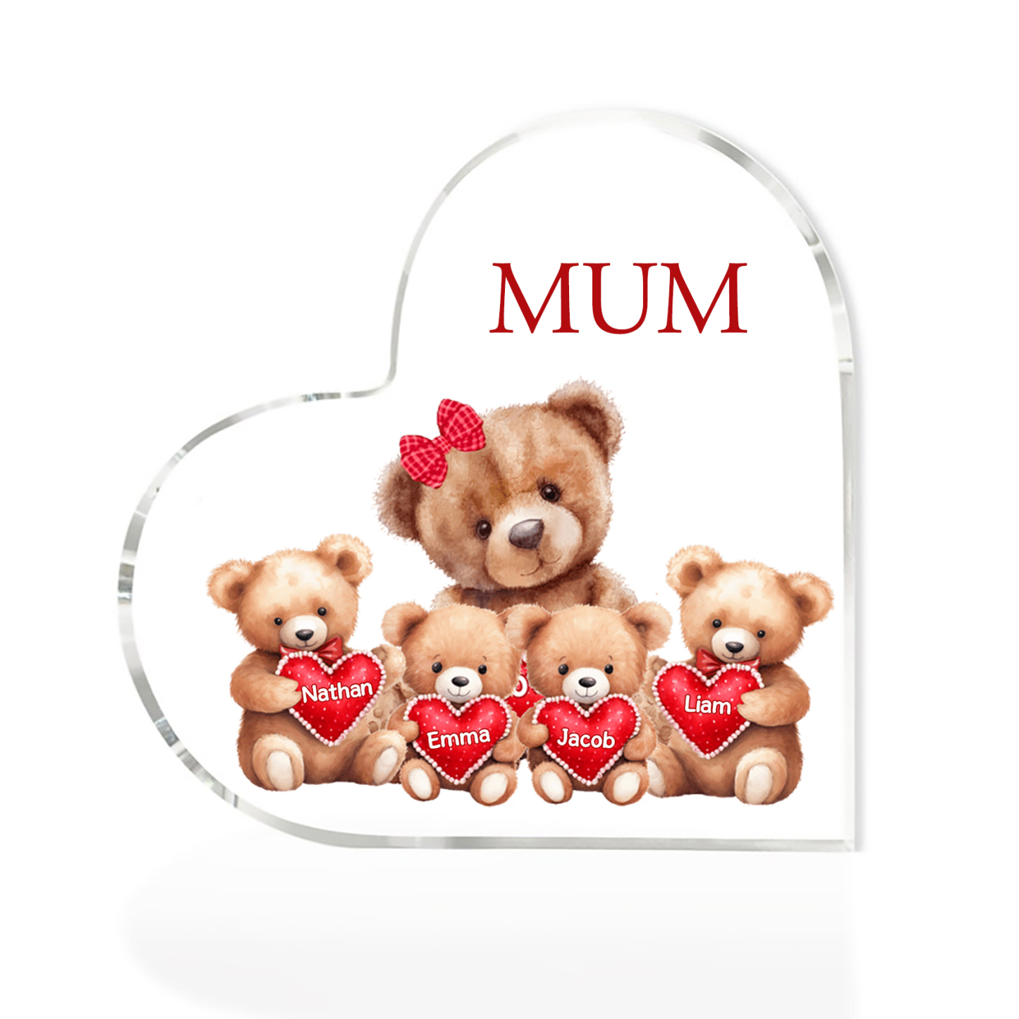 4 Names-Personalised Mum Acrylic Heart Keepsake Custom Text Love Teddy Bear Ornaments Gifts Set With Gift Box for Grandma/Mother
