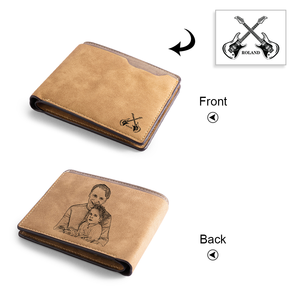 Brown Personalised Leather Wallet Engraved Photo Short Wallet Folding Wallet For Dad