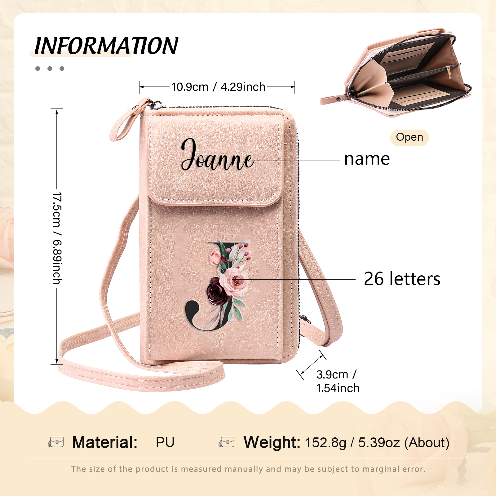 Custom Purse-Personalised Women's Leather Wallet Custom Letter & Name Mobile Phone Wallet Zipper Crossbody Bag