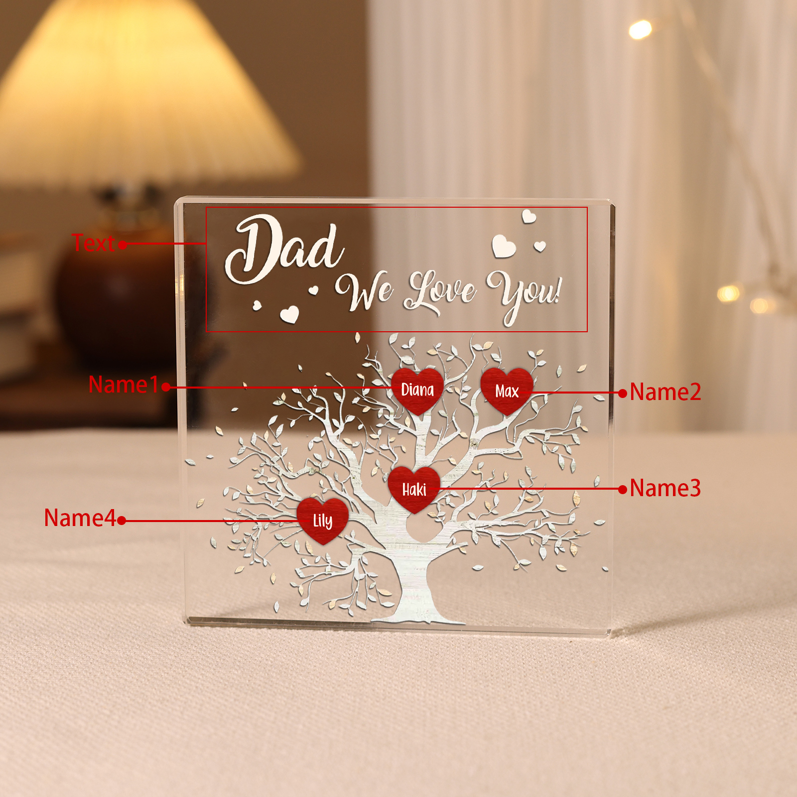 4 Names-Personalised Acrylic Family Tree Keepsake-Custom Text and Names-Acrylic Plaque Home Decoration Gift for Dad/Grandad