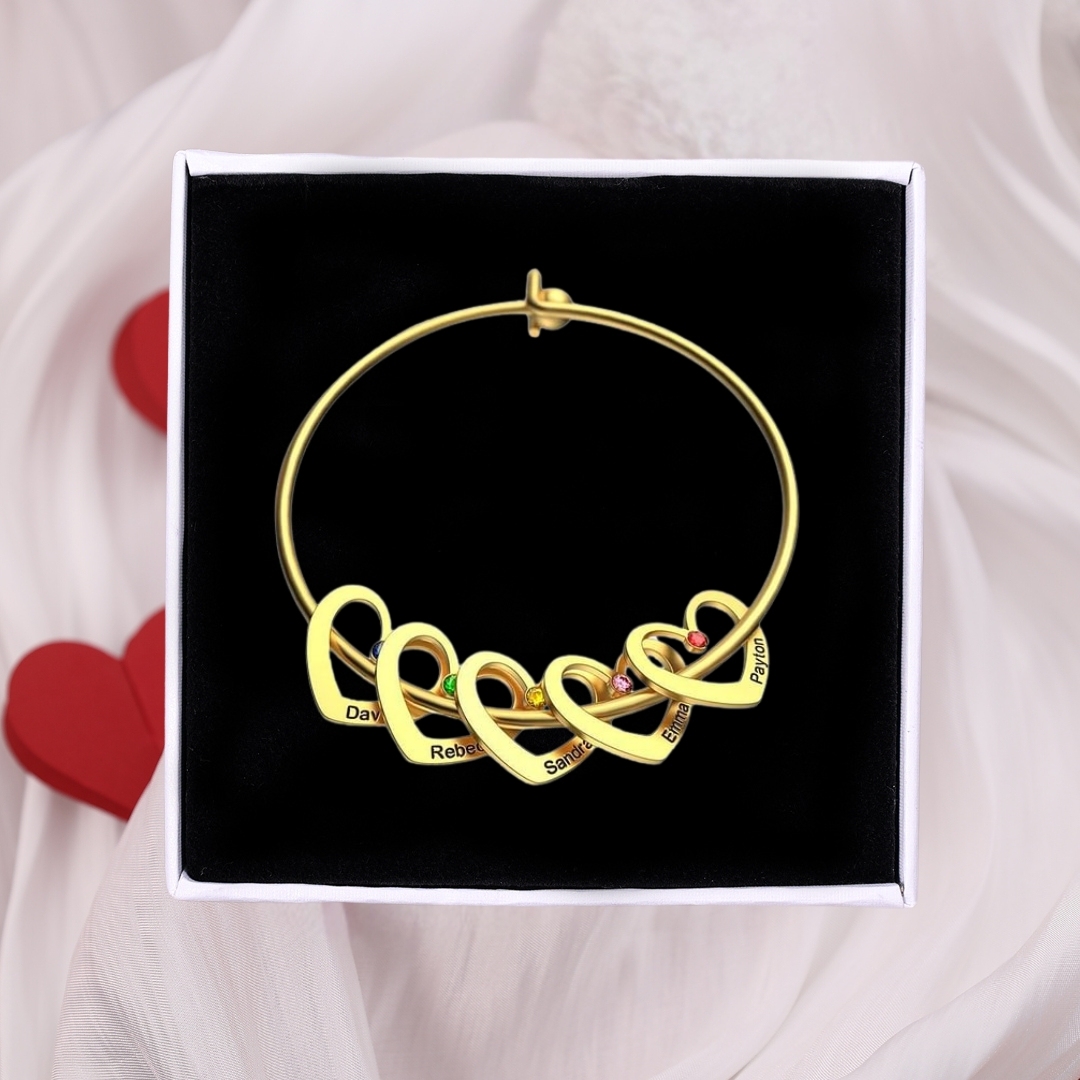 4 Names-Personalised Heart Bangle With 4 Names and Birthstones Bangle Bracelet Gifts For women