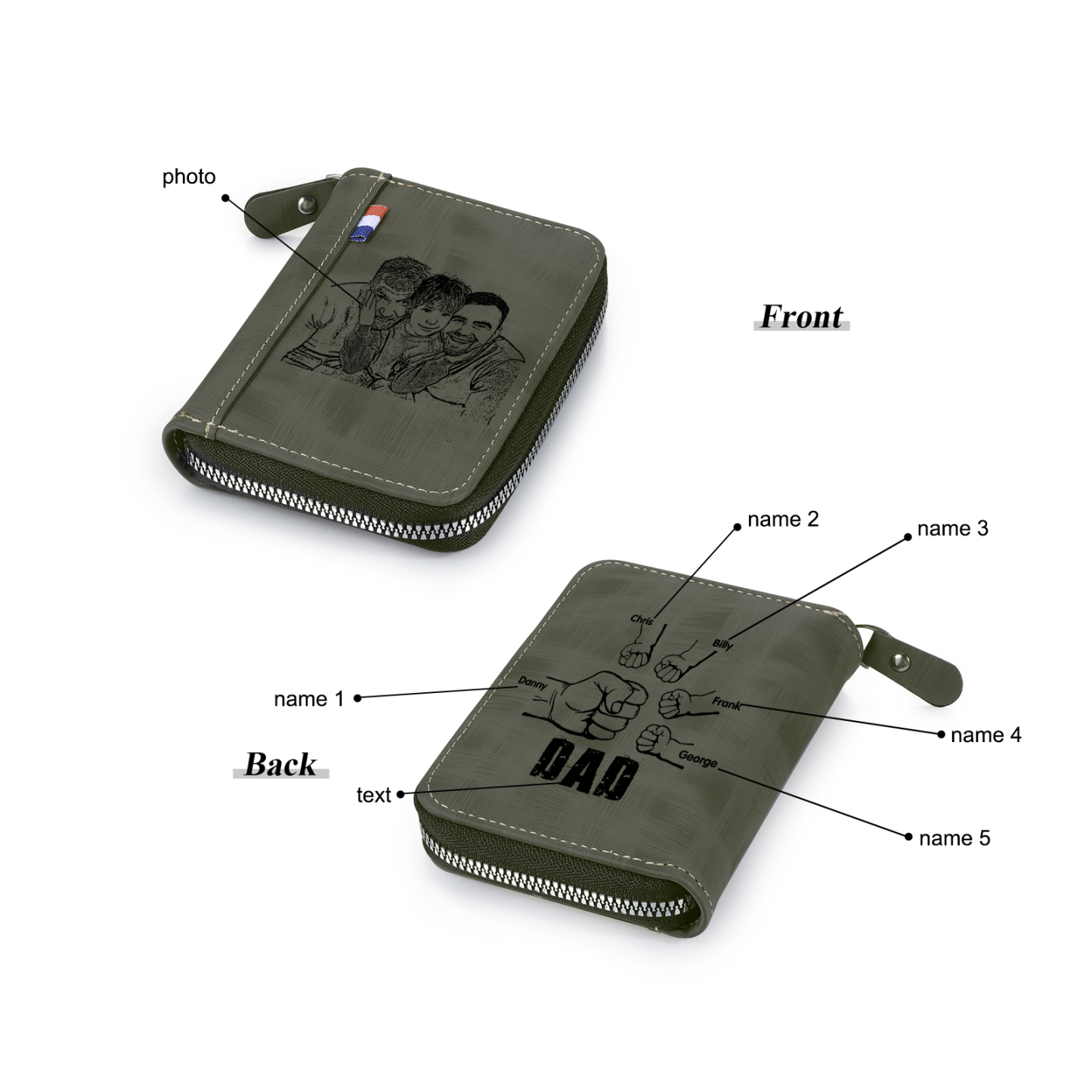 5 Names - Personalised Fist Bump Fist Bump Photo Custom Leather Men's Zipper Wallet as a Father's Day Gift for Dad