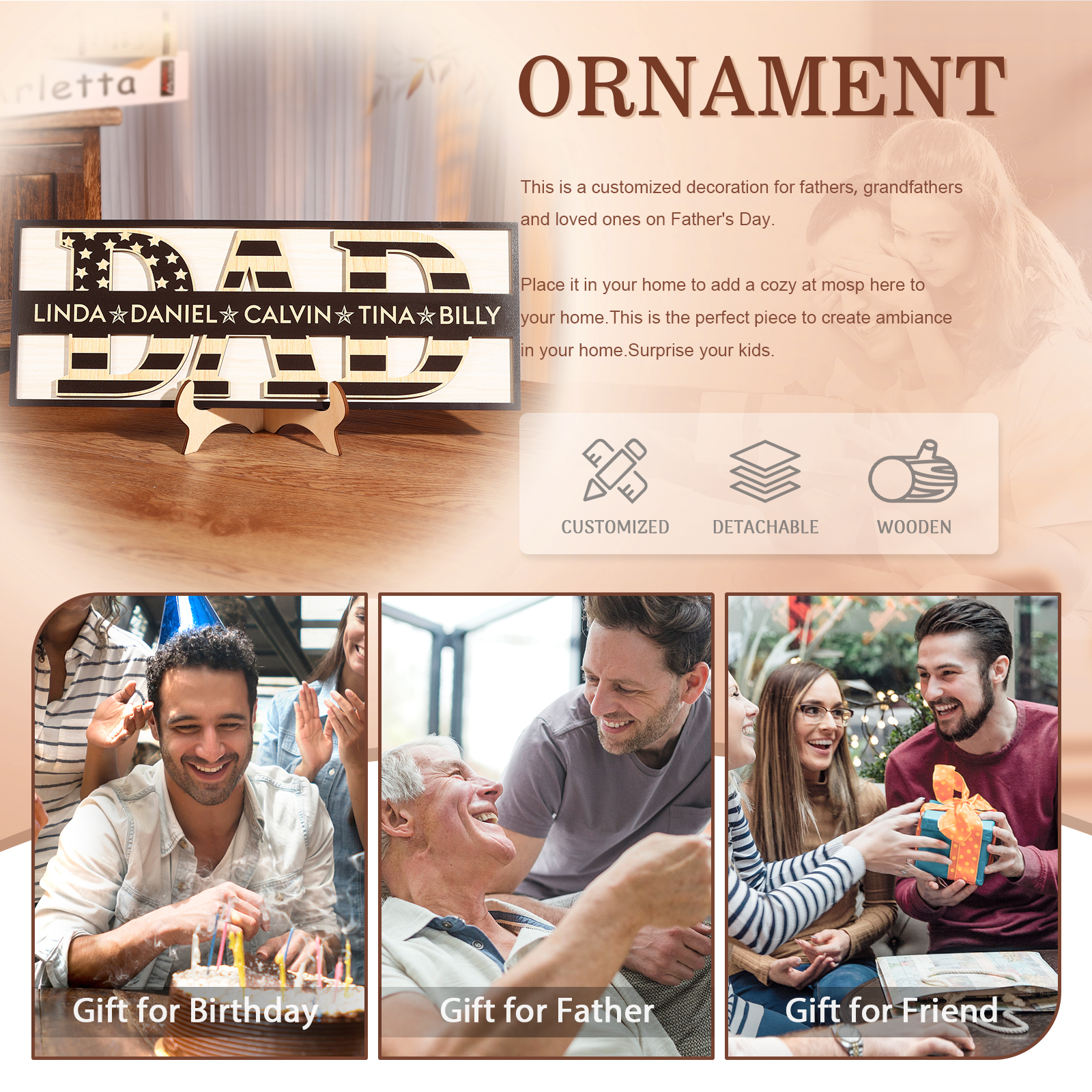 5 Names - Personalised Wood Ornament Engraved with Dad Text Support Customized Name Ornament Father's Day Gift for Dad