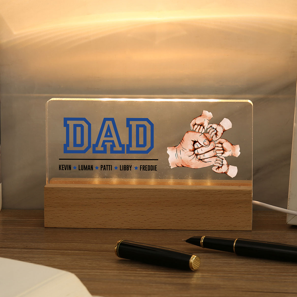 5 Names - Personalised Fist Bump Table Lamp - Dad's Dream Team - Father's Day Gift for Dad