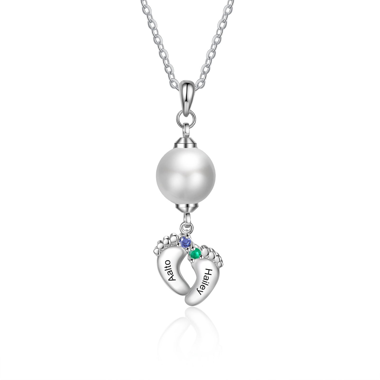 Personalised Baby Feet Pearl Necklace Custom 2 Names & Birthstones Mother Necklace