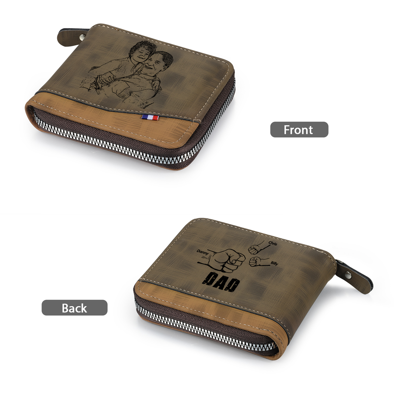 3 Names - Personalised Photo Custom Leather Men's Zipper Wallet as a Father's Day Gift for Dad