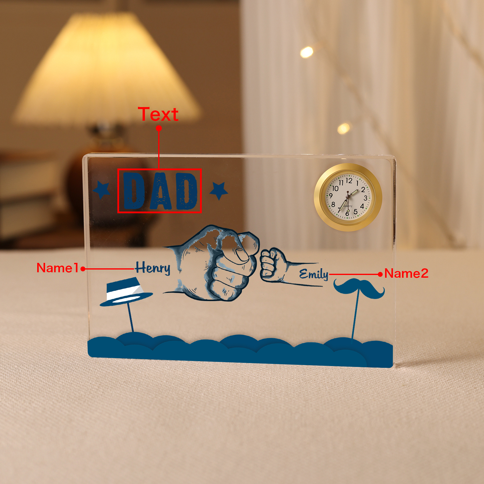 2 Names - Personalised Fist Bump Custom Name Acrylic Clock Ornament Father's Day Gift for Dad
