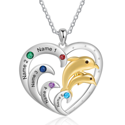 5 Names - Personalised Beautiful Dolphin Heart Necklace with Customized Name and Birthstone Gift for Her