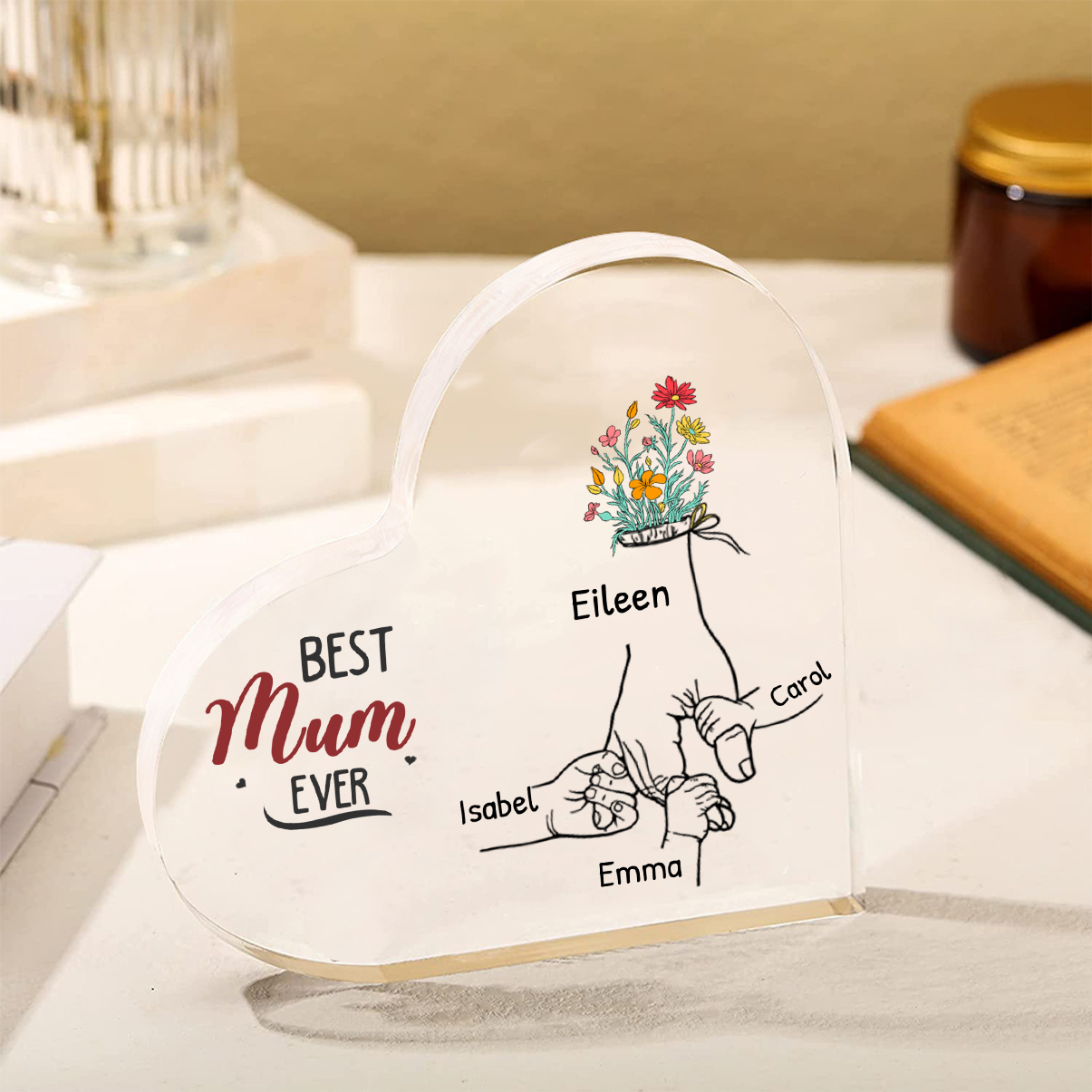 Customized  1-6 Names Hand Flower Name Style Acrylic Heart Shaped Decorative Brand Plaque Decoration for Mum/Nana