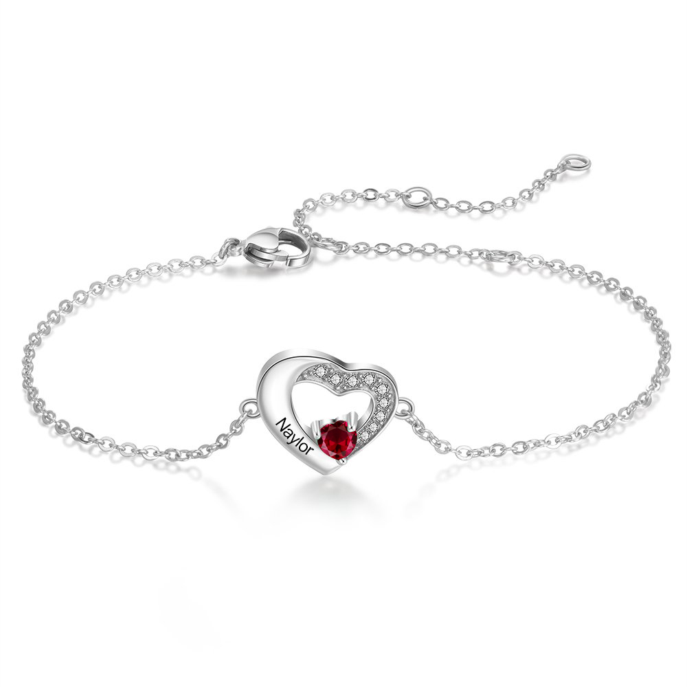 Personalised Heart Bracelet With 1 Birthstone Engraved Names Bracelet Gift For Women