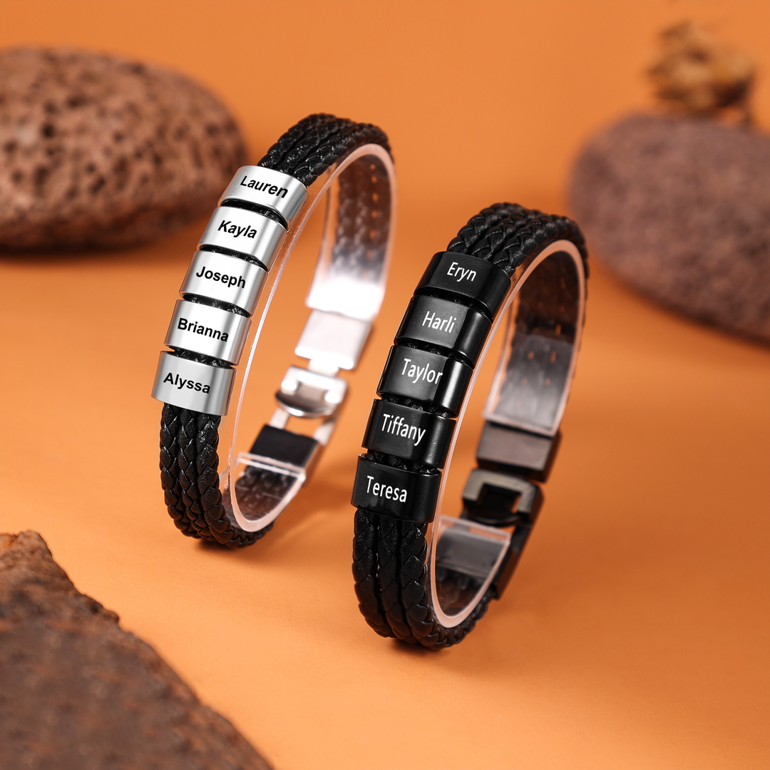 Personalised Braided Leather Bracelet Engraved 5 Names Men's Bracelet Gifts For Him
