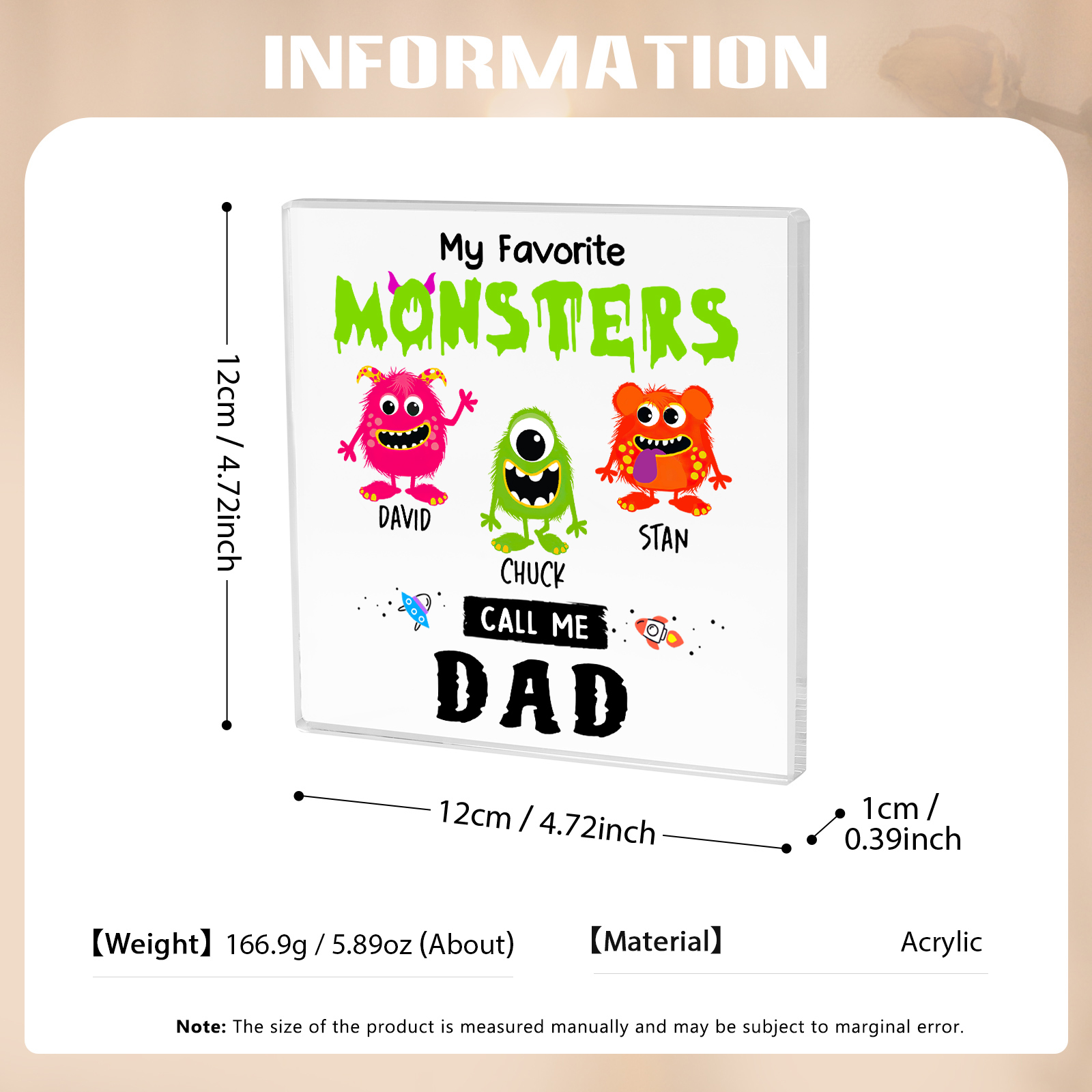 3 Names - Personalised Monster and Shit Style Custom Name Acrylic Ornament Father's Day Gift for Dad