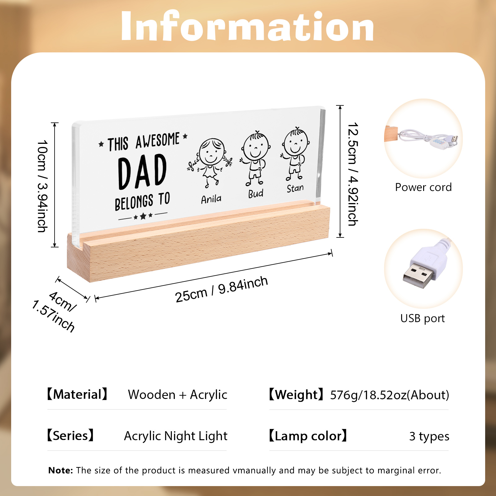 3 Names & Doll Gender - Personalised Lamp -This Awesome Dad  Belongs To - Father's Day Gift for Dad