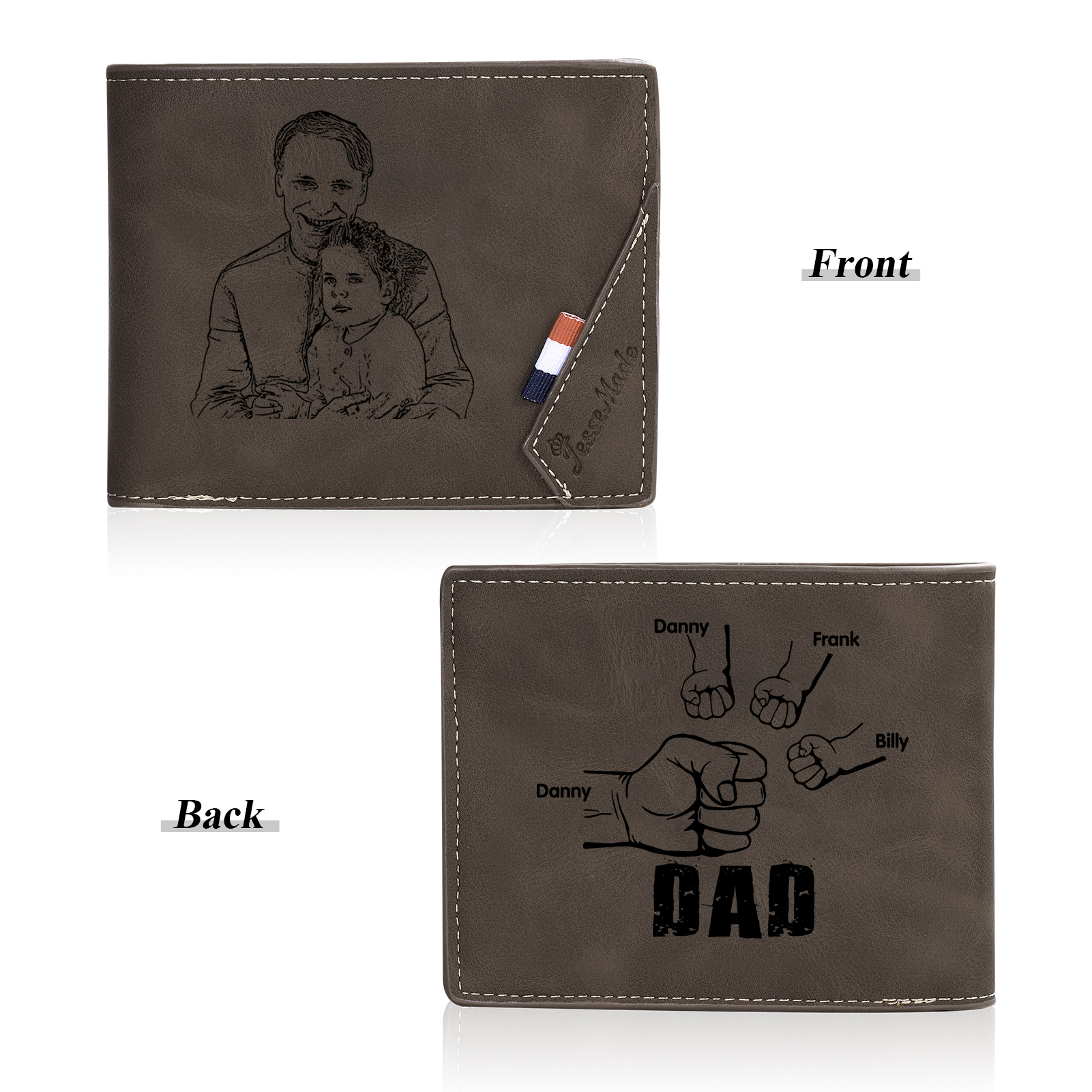 4 Names - Personalised Fist Bump Photo Custom Leather Men's  Wallet as a Father's Day Gift for Dad