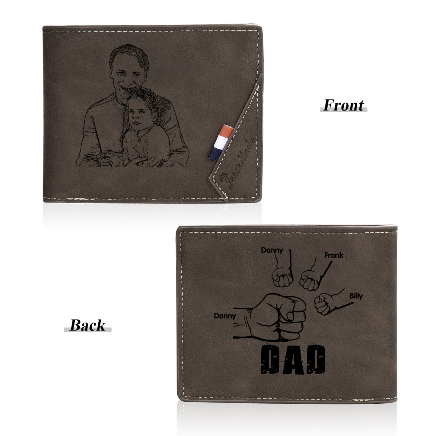 4 Names - Personalised Fist Bump Photo Custom Leather Men's  Wallet as a Father's Day Gift for Dad