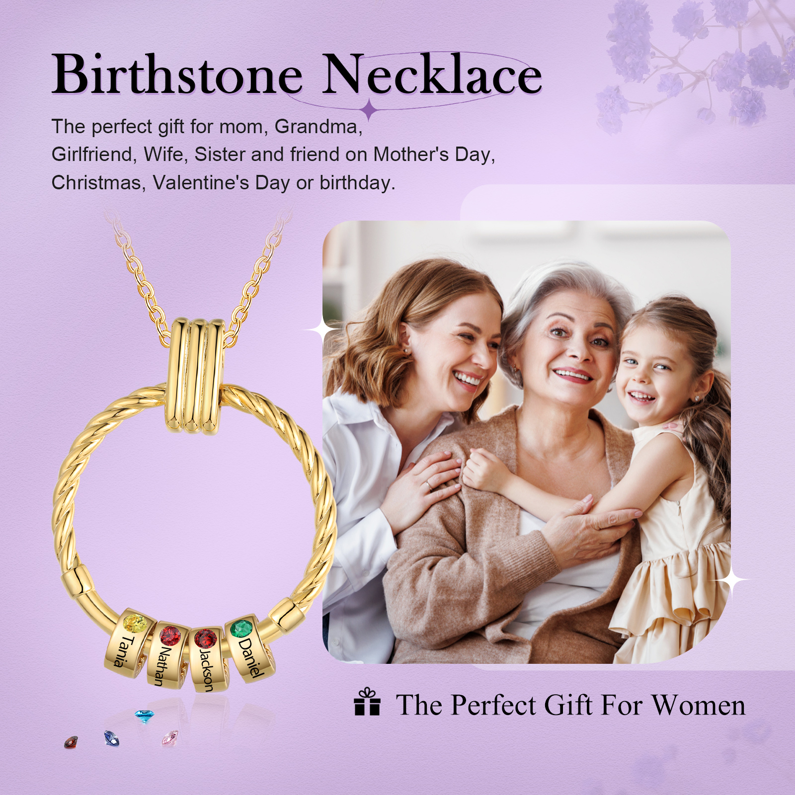 4 Names - Personalised Round Pendant Necklace Customized Name Gift for Her