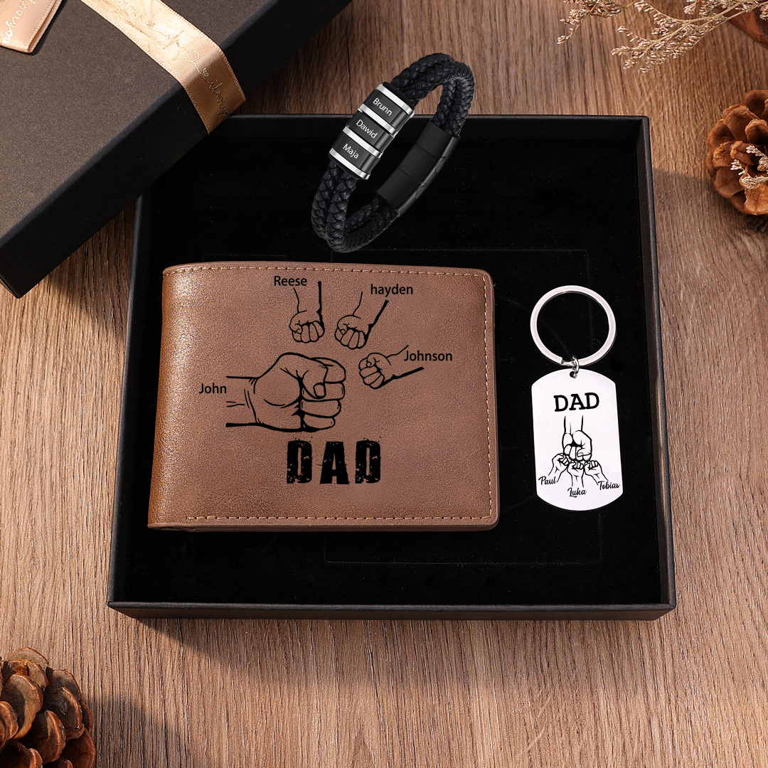 Personalised 4 Names Gift Set Custom Wallet & Bracelet & Keychain Gift Box Set Father’s Day Gifts