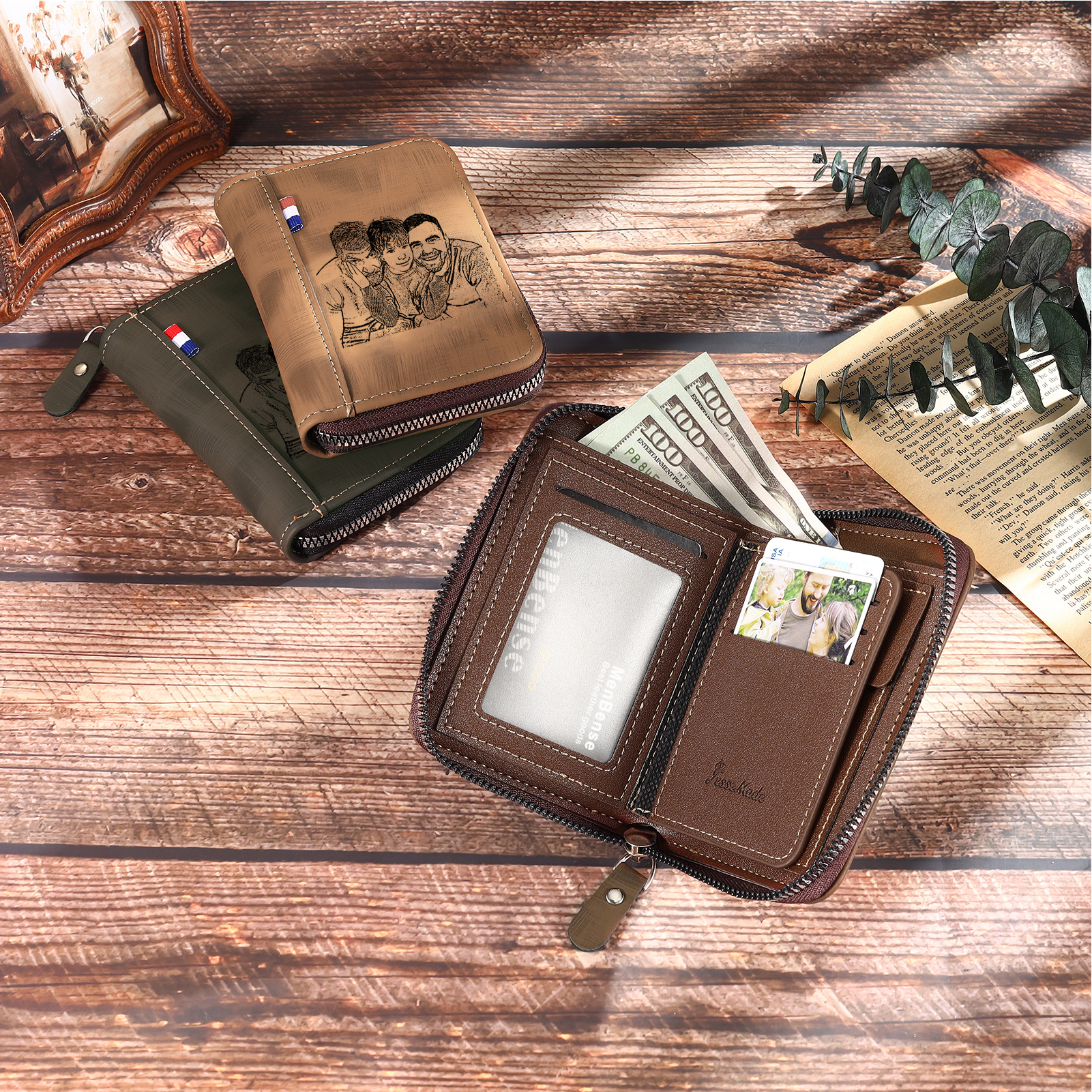 2 Names - Personalised Fist Bump Fist Bump Photo Custom Leather Men's Zipper Wallet as a Father's Day Gift for Dad