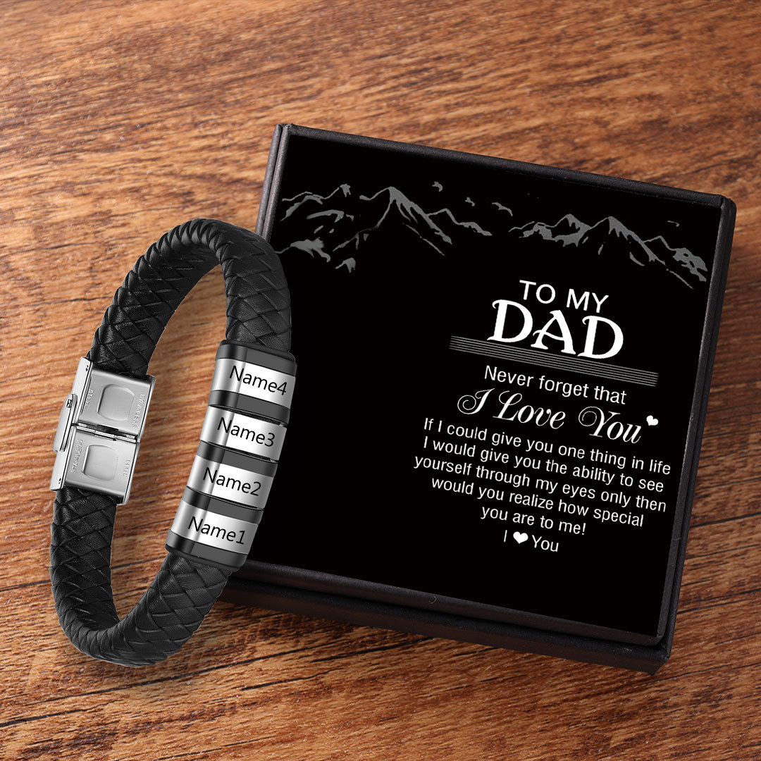 Men Leather Braided Bracelet Personalised with 4 Names 4 Beads Gift For Father's Day
