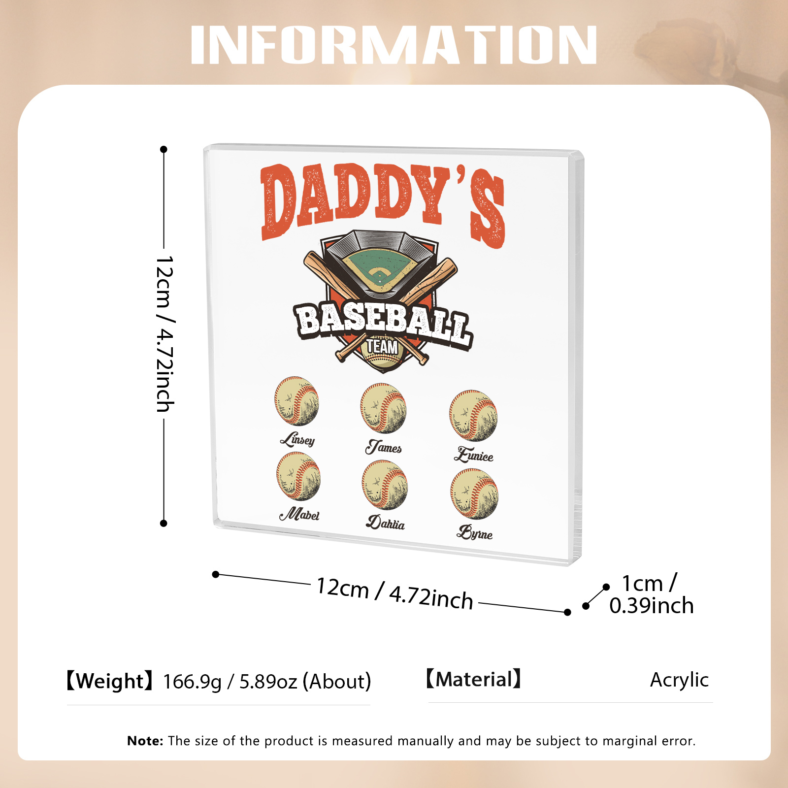 6 Names - Personalised Baseball Acrylic Keepsake Customized Name Acrylic Plaque Decoration Father's Day Gift for Dad