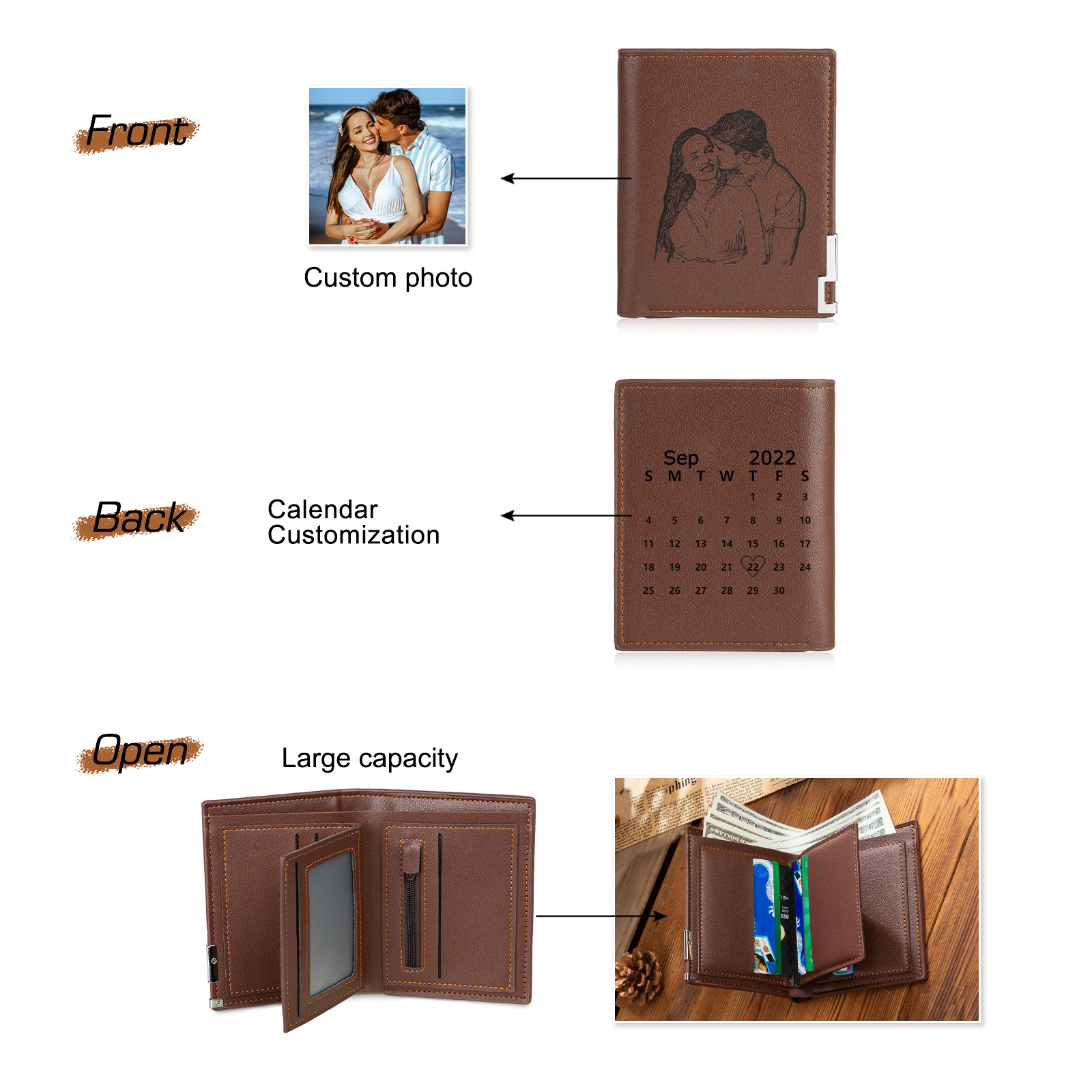 Trifold Wallet Custom Photo and Date Wallet Personalised Leather Letters Wallet Mens Gift