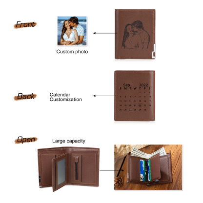Trifold Wallet Custom Photo and Date Wallet Personalised Leather Letters Wallet Mens Gift