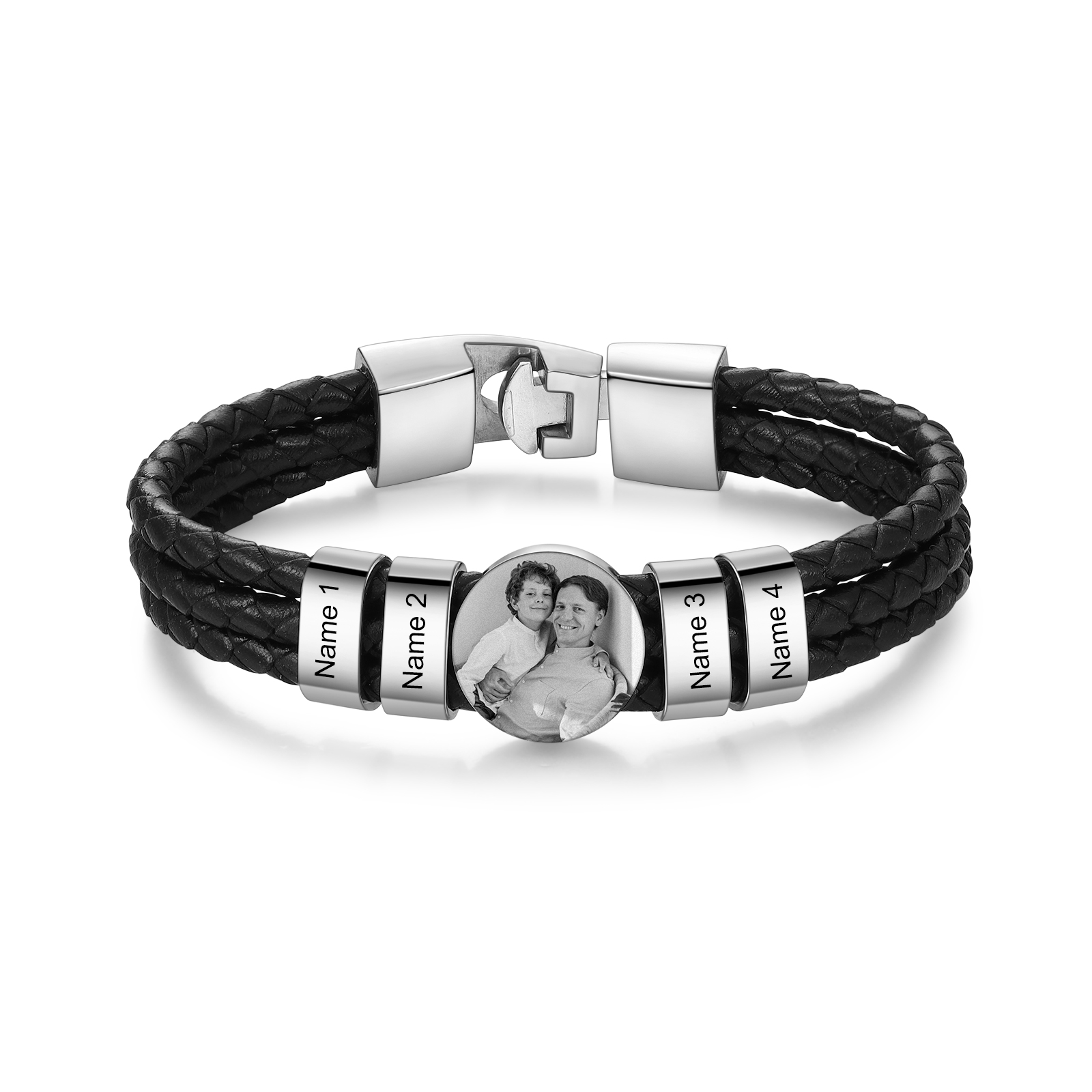 Personalised Braided Leather Bracelet Engraved with 4 Names and Customized 1 Photo Men's Bracelet for Dad