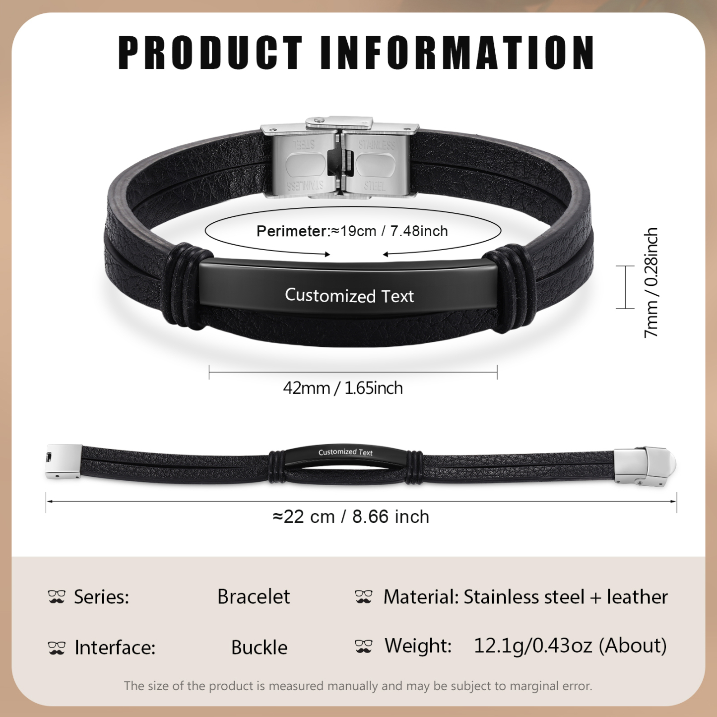 Personalised Text Black Leather Bracelet Men's Bracelet Father's Day Gift for Dad