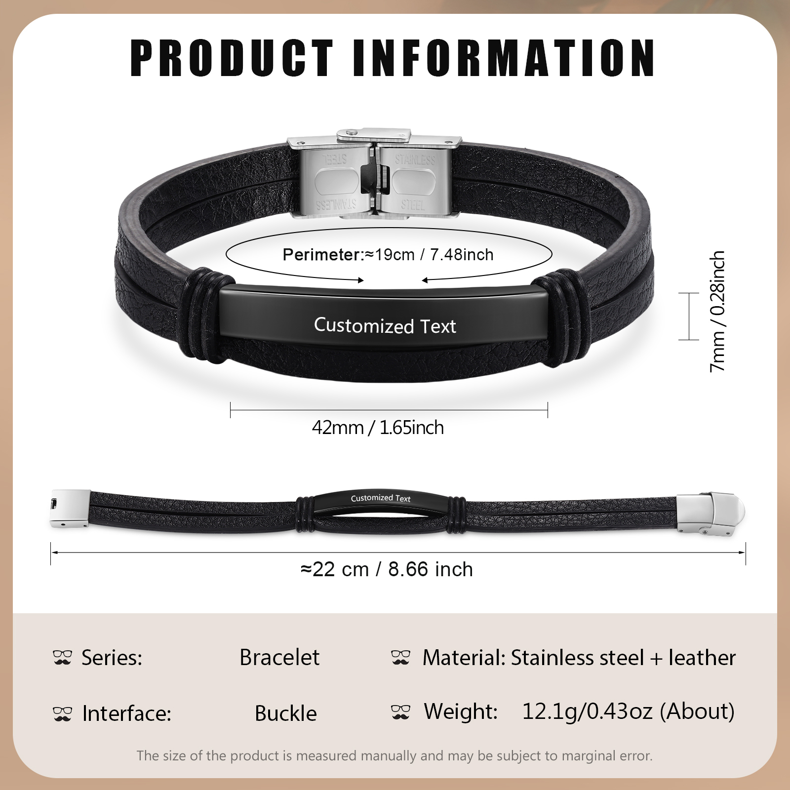 Personalised Text Black Leather Bracelet Men's Bracelet Father's Day Gift for Dad