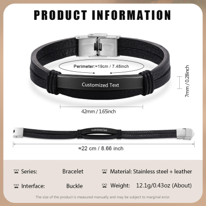 Personalised Text Black Leather Bracelet Men's Bracelet Father's Day Gift for Dad