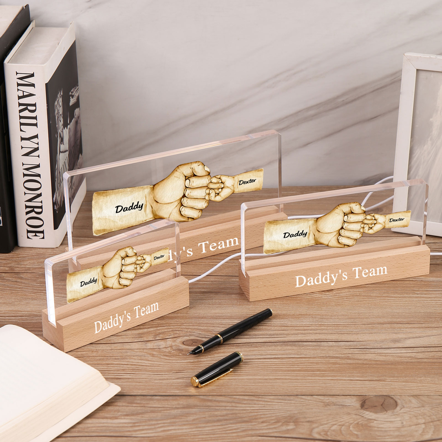 2 Names - Personalised Fist Bump Pattern Table Lamp Customized Text Father's Day Gift for Dad