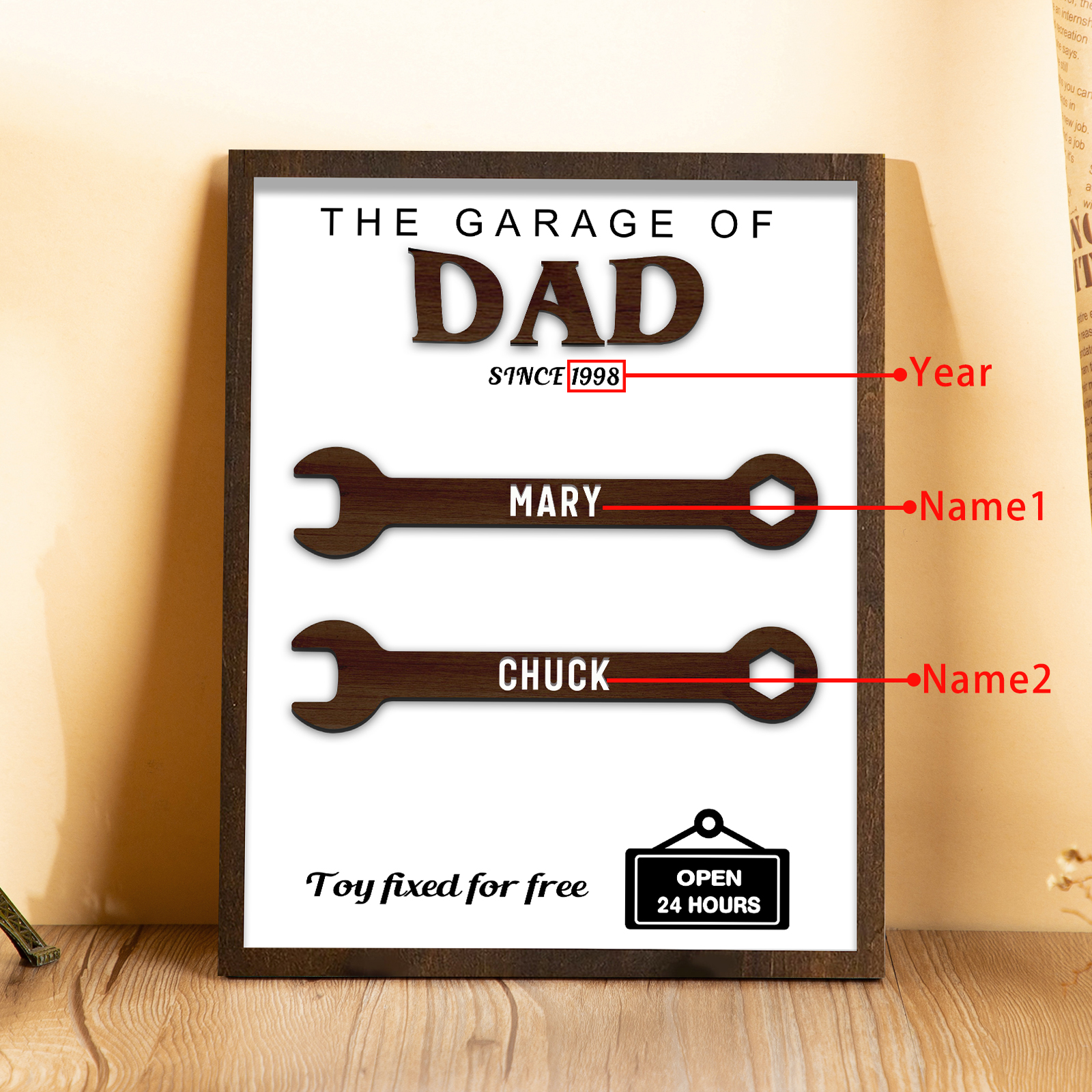 2 Names - Personalised Repair Tool Style Home Photo Frame Wooden Decor Father's Day Gift for Dad