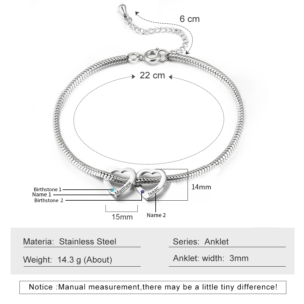 Custom Anklet Engraved 2 Names and Birthstones Heart Shaped Charm Personalised Bracelet for Women