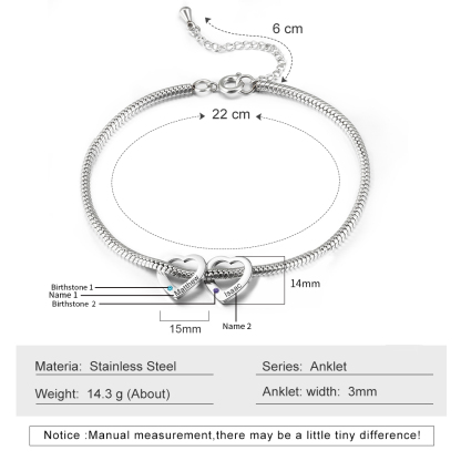 Custom Anklet Engraved 2 Names and Birthstones Heart Shaped Charm Personalised Bracelet for Women
