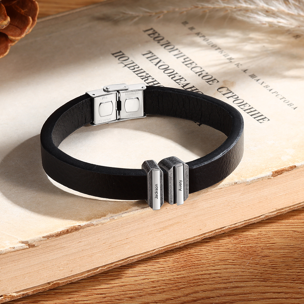 2 Names Personalised Stainless Steel Leather Bracelet Engraved Name Men's Bracelet Gift for Dad