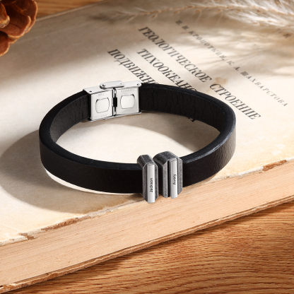 2 Names Personalised Stainless Steel Leather Bracelet Engraved Name Men's Bracelet Gift for Dad