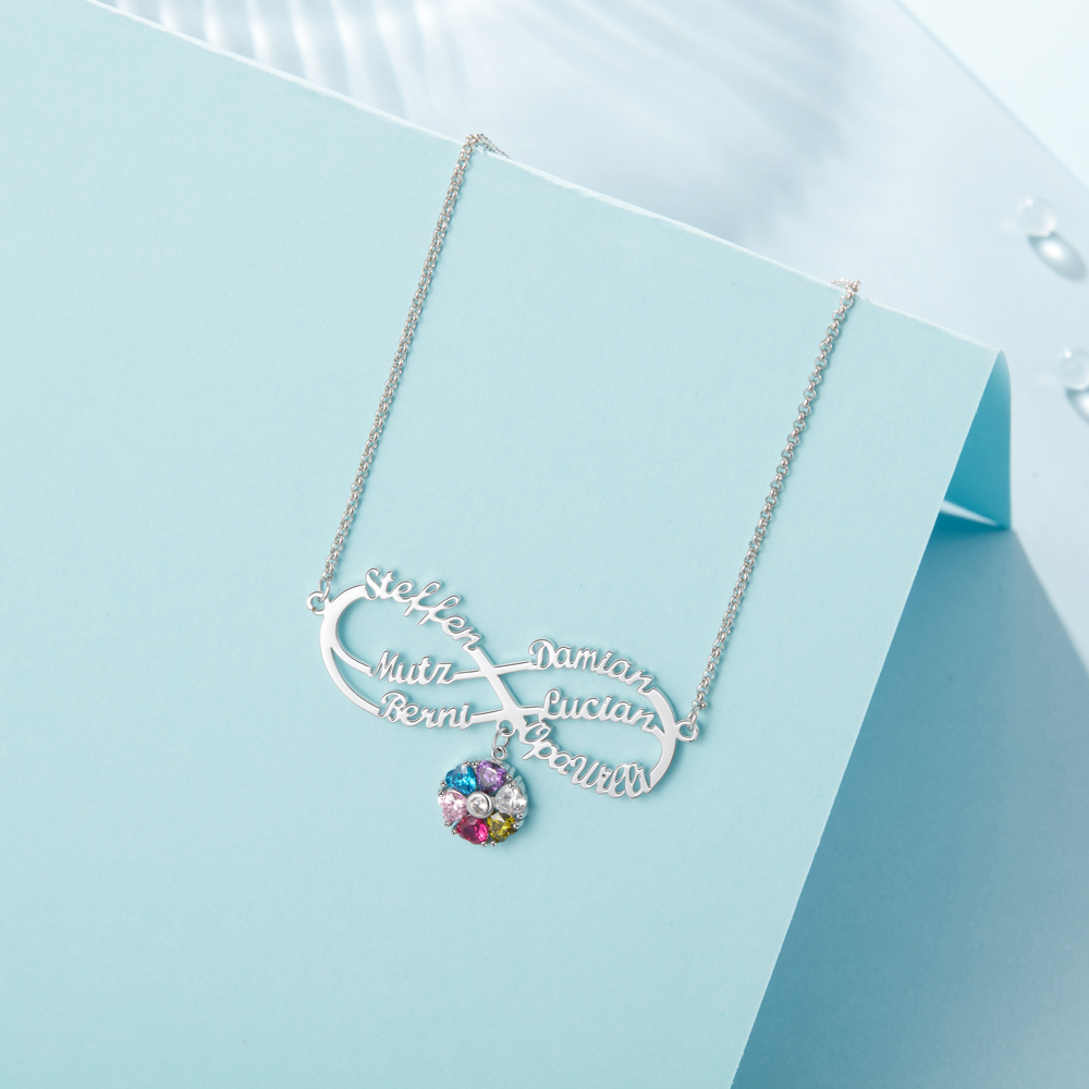 Personalised Infinity Necklace With 6 Birthstones Engraved Names Necklace Gift For Women