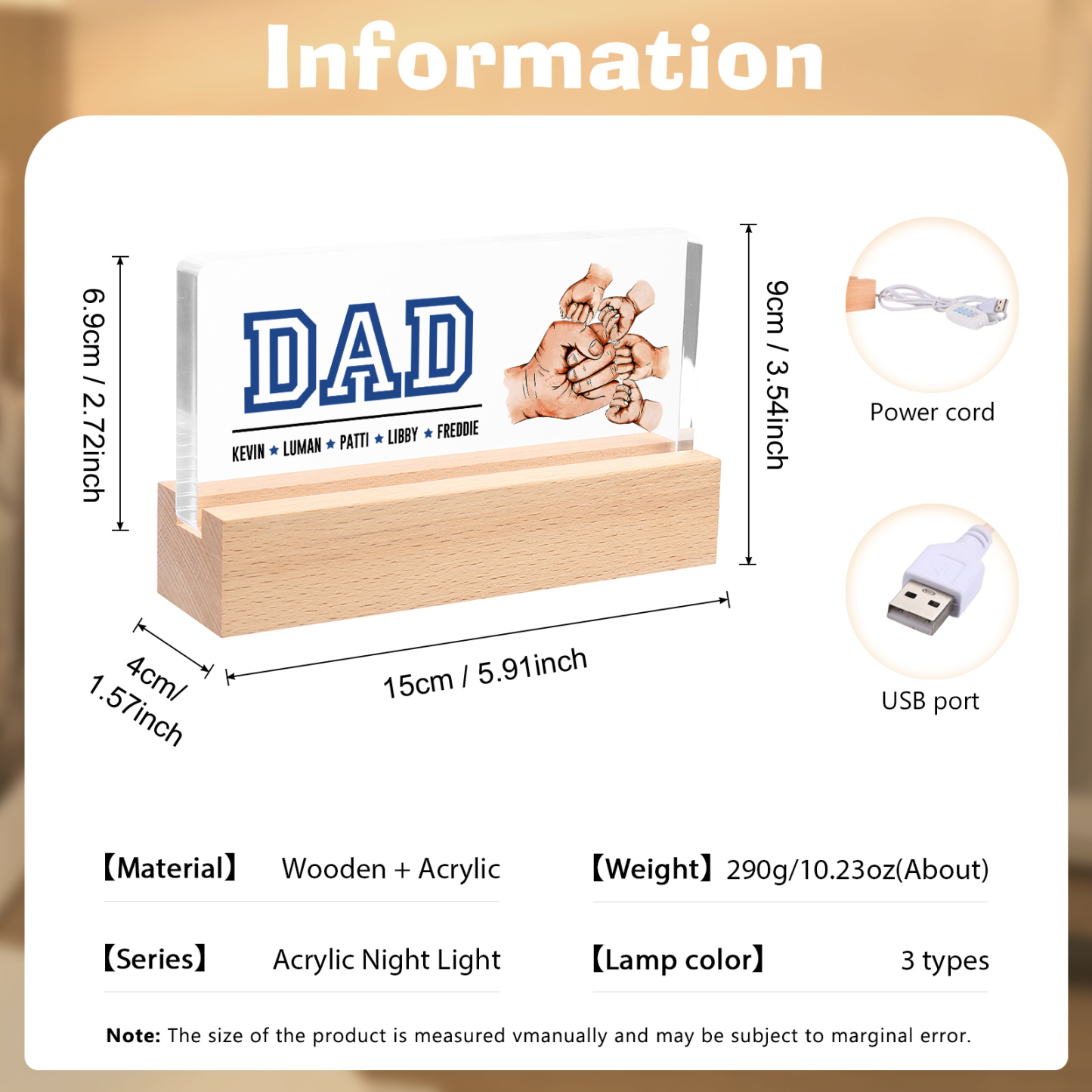 5 Names - Personalised Fist Bump Table Lamp - Dad's Dream Team - Father's Day Gift for Dad