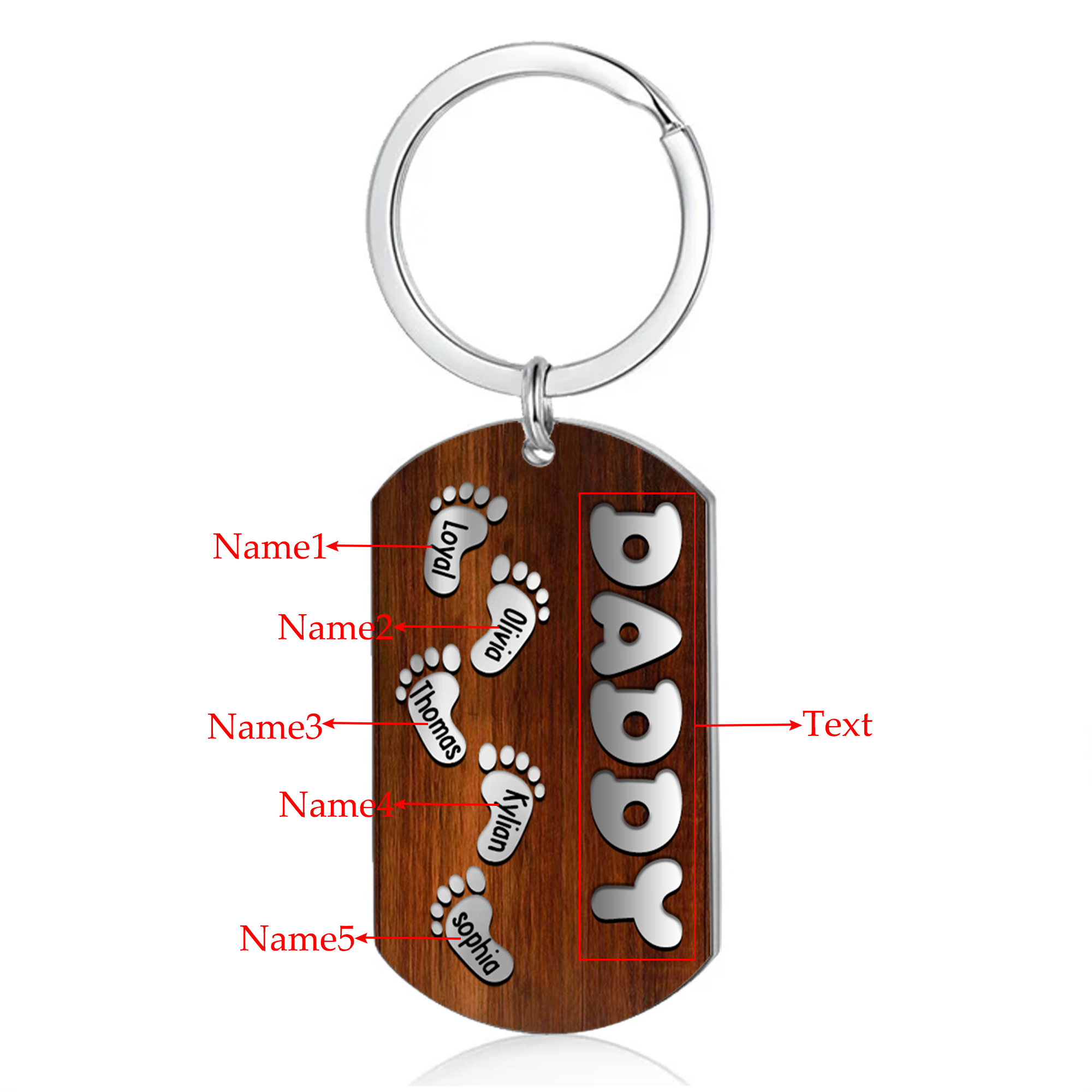 5 Names - Personalised Custom Footprint Pattern Keyring Custom Name and Text Gift for Dad