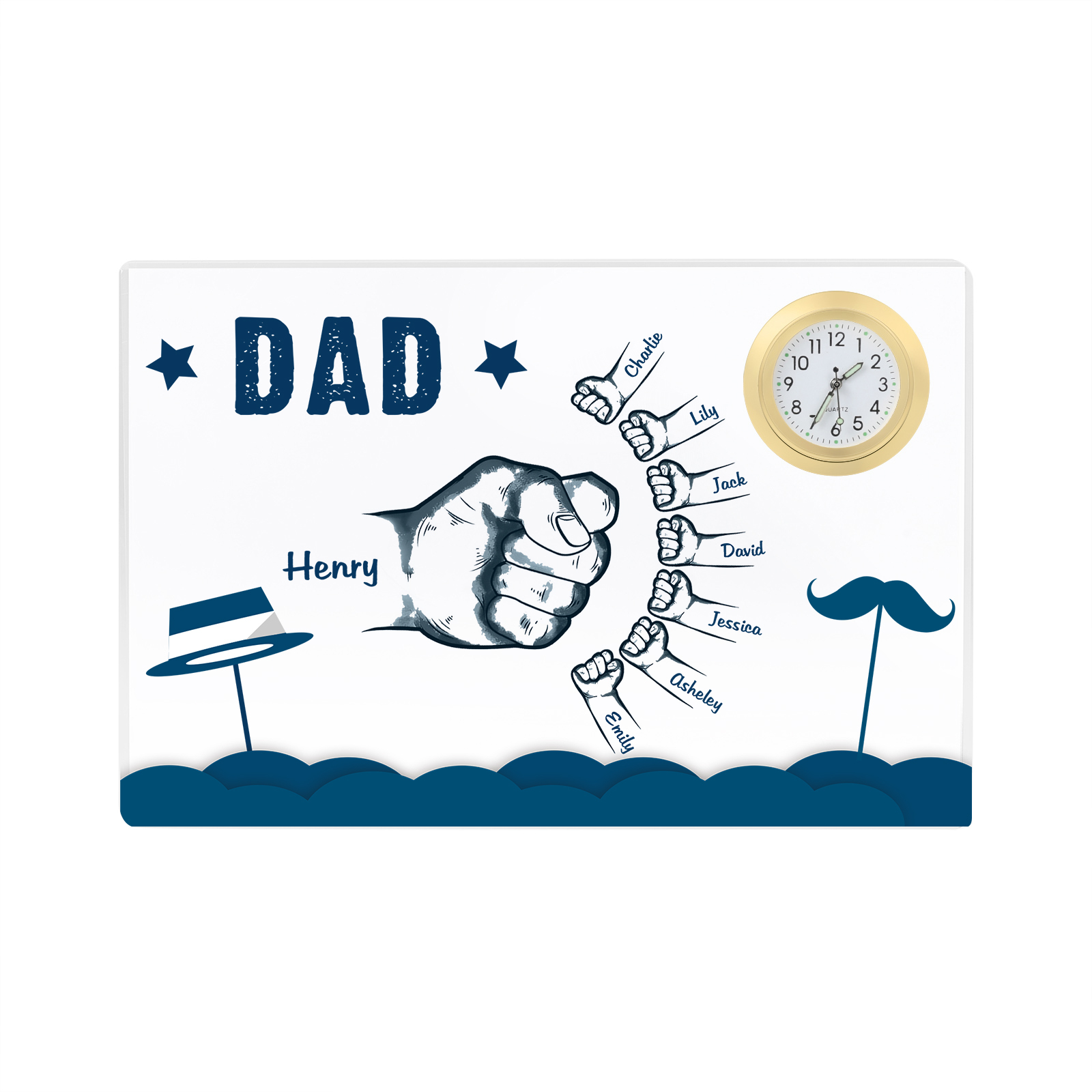 8 Names - Personalised Fist Bump Custom Name Acrylic Clock Ornament Father's Day Gift for Dad