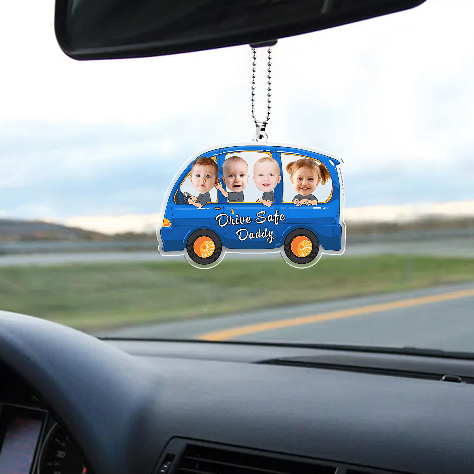 Acrylic Keyring/Decoration Personalised 4 Photos, Name And Text Child Driving Pattern Pendant For Dad