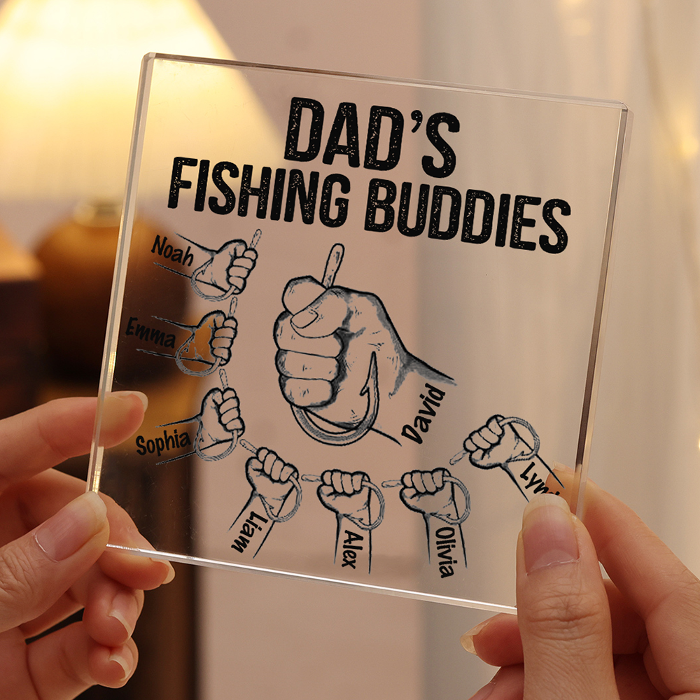 8 Names - Personalised Fishhook Fist Bump Pattern Family Acrylic Keepsake Customized Name Acrylic Home Decor Gift for Dad