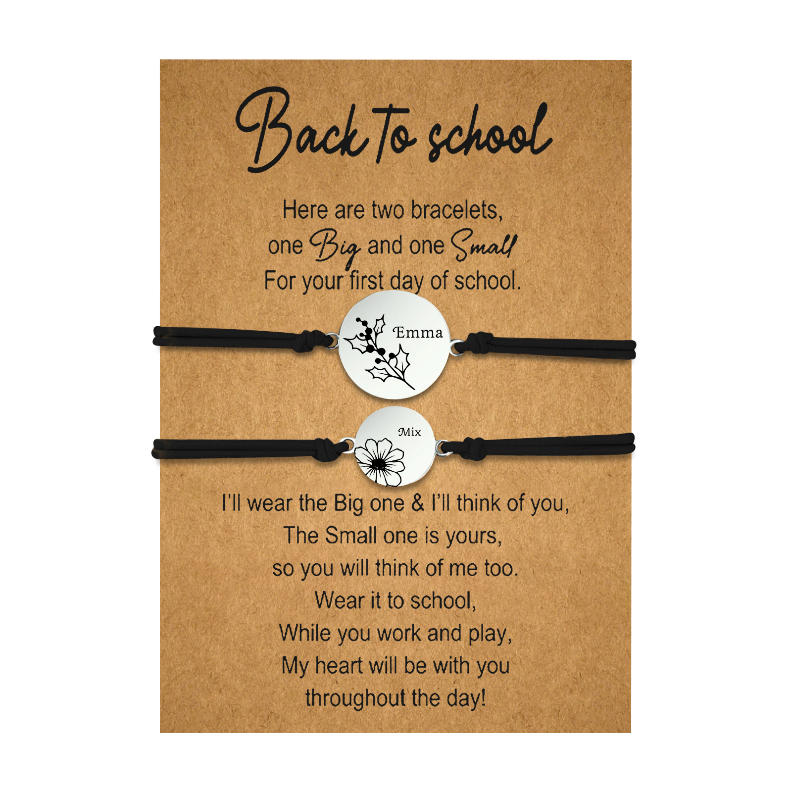 2 PCS Personalized 2 Birthflowers & 2 Names Elastic Stainless Steel Bracelet Back to School Gift for Daughter