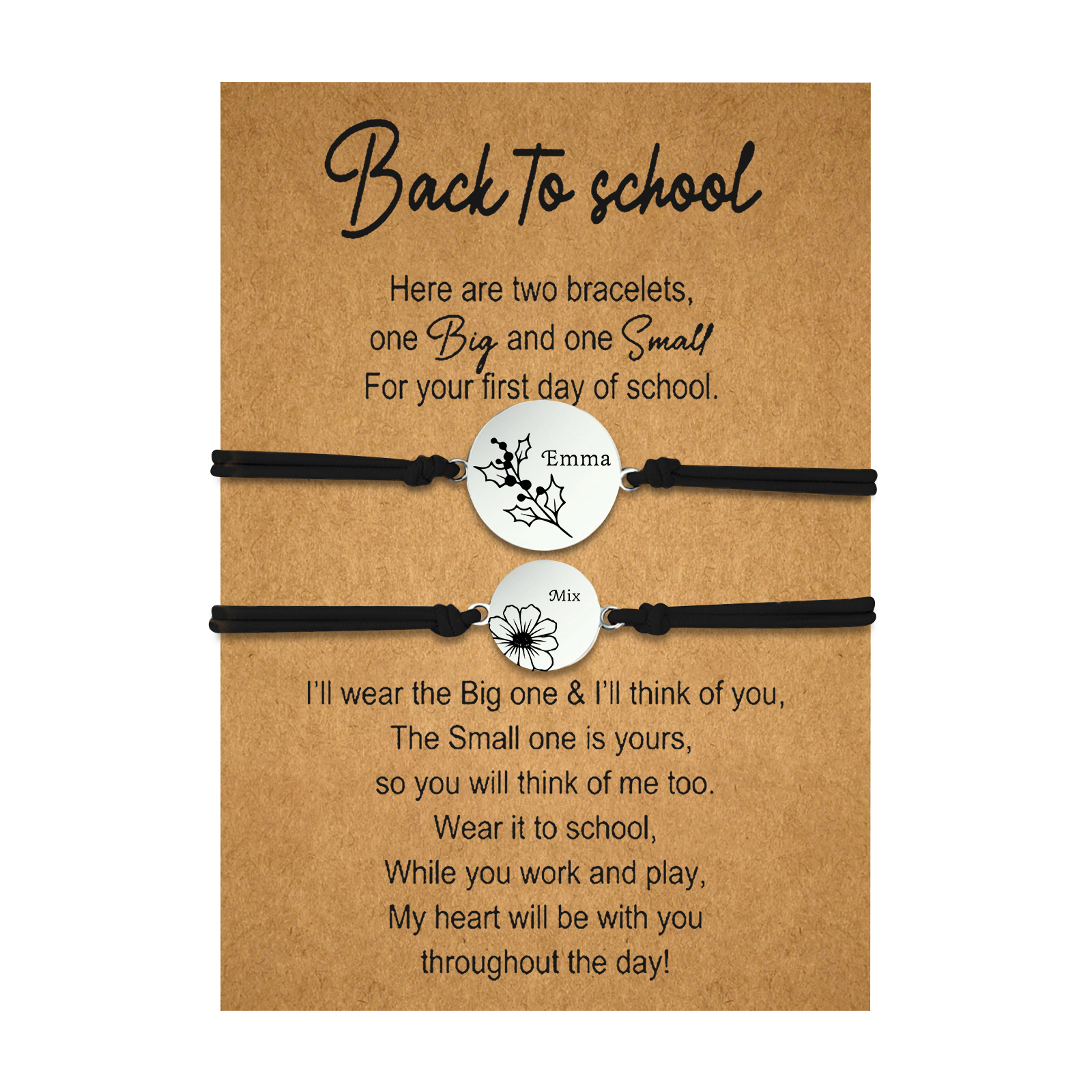 2 PCS Personalized 2 Birthflowers & 2 Names Elastic Stainless Steel Bracelet Back to School Gift for Daughter